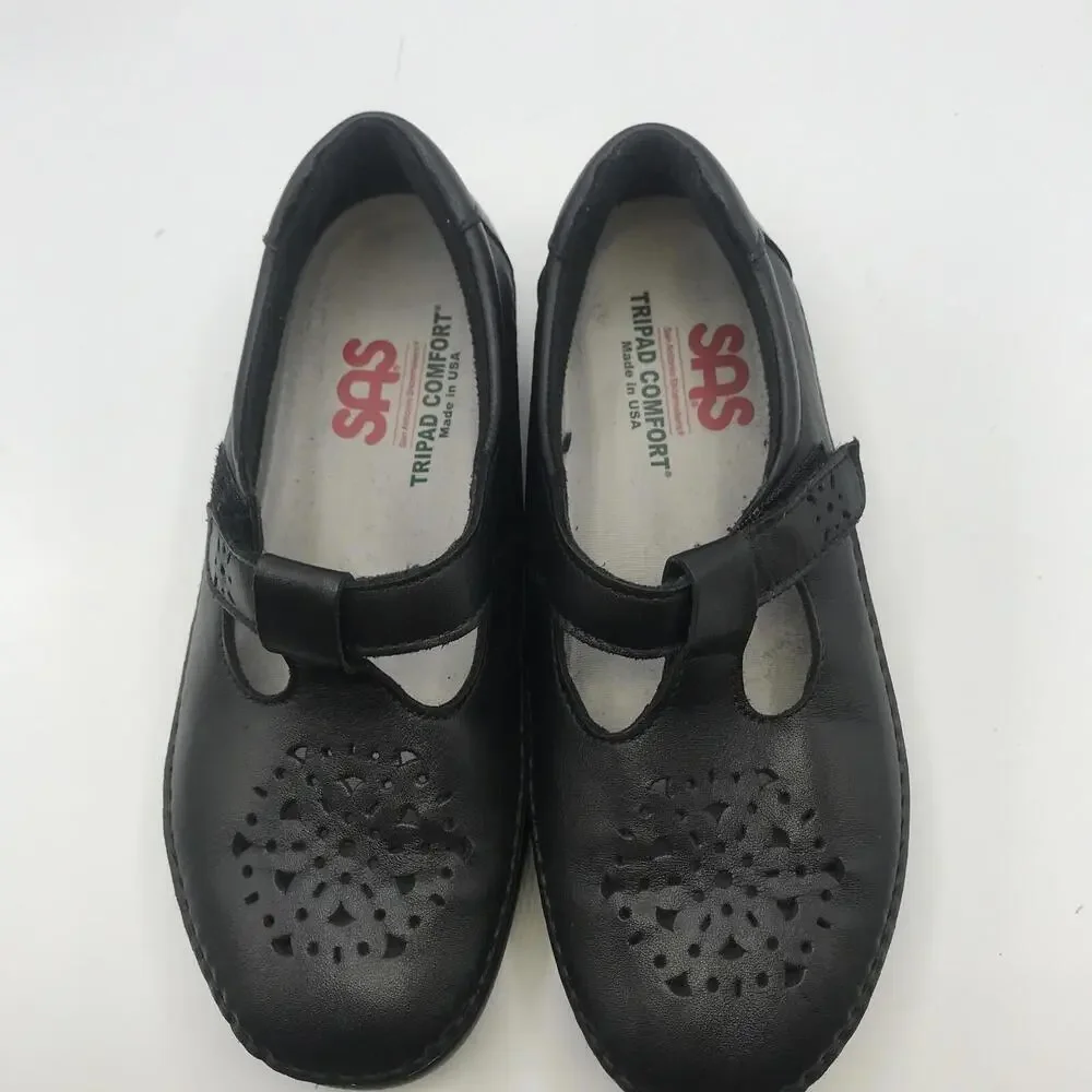 SAS Women's Willow Comfort Shoes Black Leather Moc Mary Janes 6.5 Narrow T-Strap